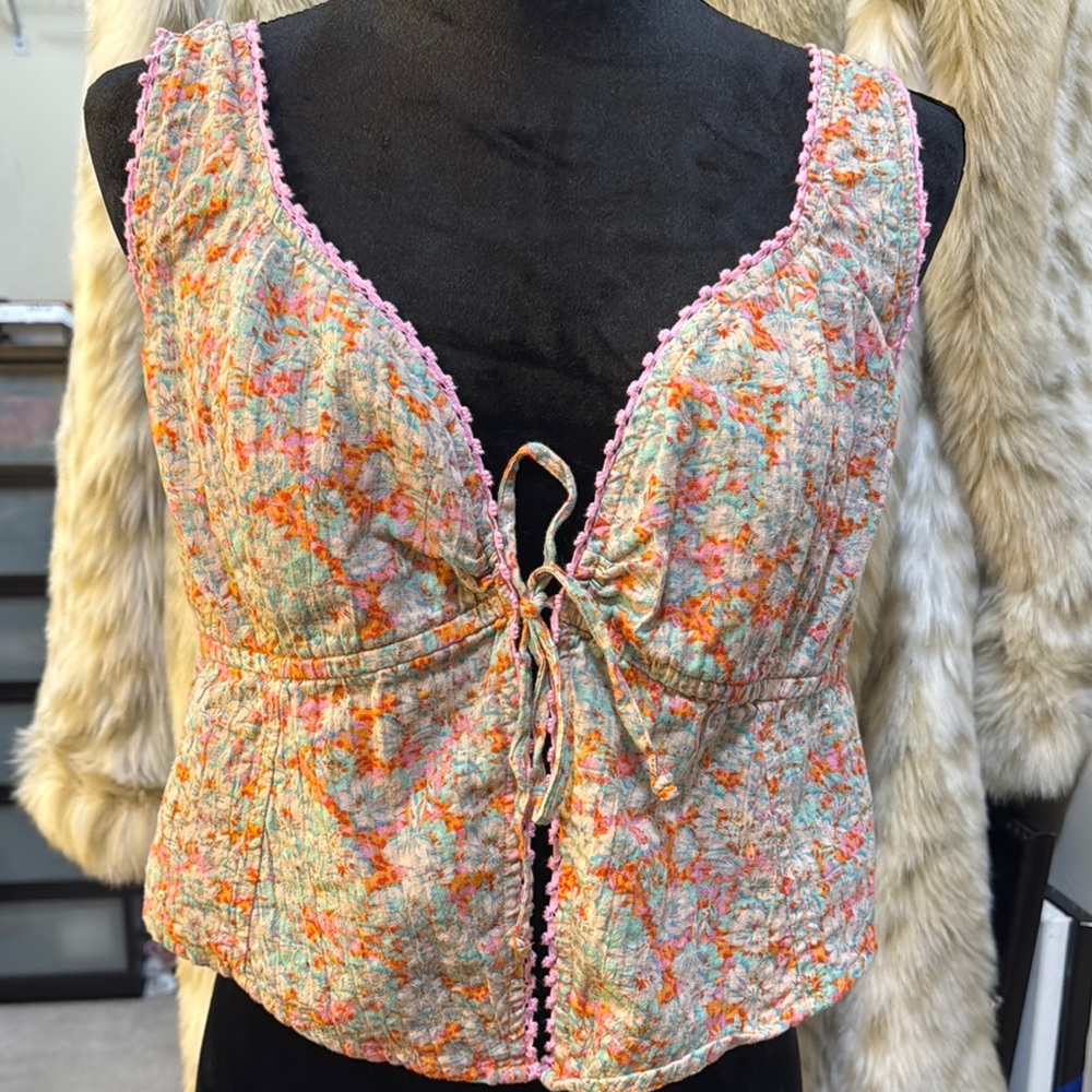 American Eagle Outfitters Pink Tie Front Smocked Tank